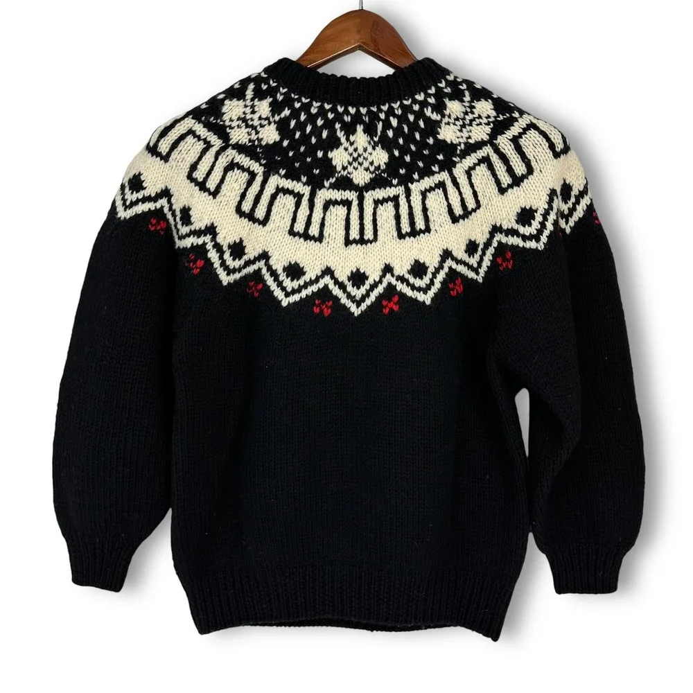 VTG Currents Australia Fair Isle Sweater Oversized Sz S‎ 100% Wool Black Cream